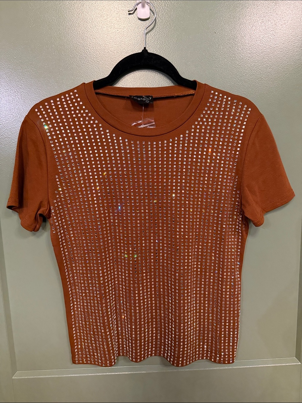 Mango brand Rust Short-Sleeve Tee with Rhinestone Grid